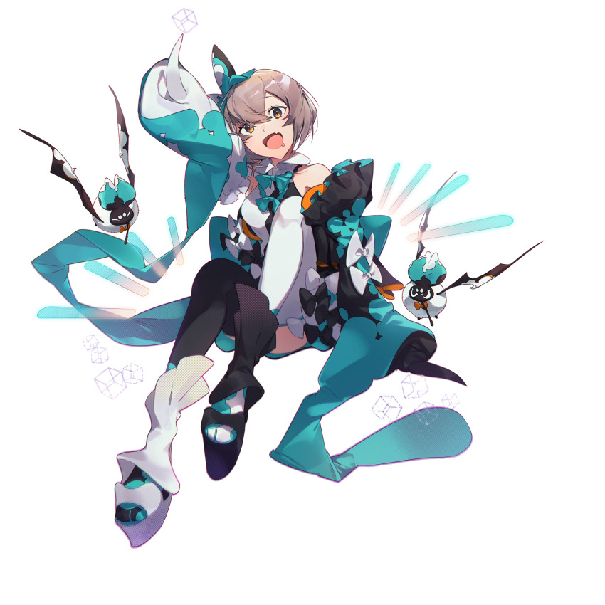 :o, aqua_bow, aqua_bowtie, arcaea, asymmetrical_footwear, asymmetrical_legwear, ayu_(arcaea), bare_shoulders