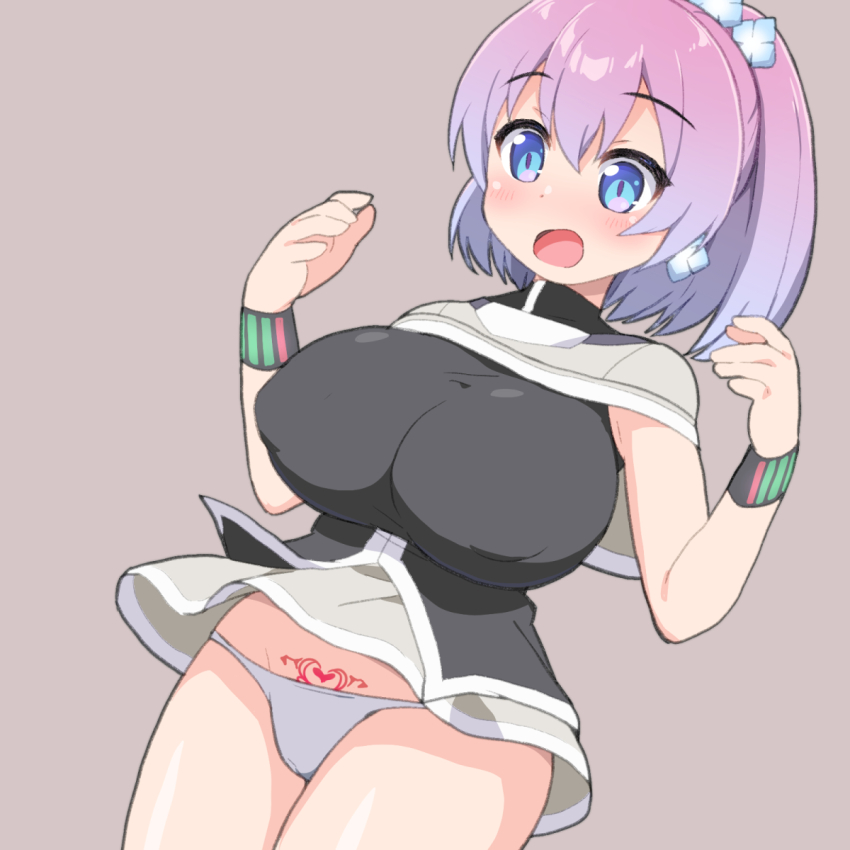 1girl, alternate_breast_size_(larger), bic_camera, blue_eyes, breast_expansion, breasts, brown_capelet, brown_shirt, capelet, commentary_request, covered_erect_nipples, dutch_angle, gradient_hair, highres, huge_breasts, medium_hair, multicolored_eyes, multicolored_hair, no_pants, open_mouth, panties, pink_eyes, pink_hair, pubic_tattoo, purple_hair, raised_eyebrows, sagami-tan, shirogane_hakuba, shirt, sleeveless, sleeveless_shirt, solo, tattoo, underwear, white_panties, wristband