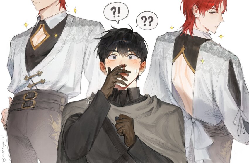 !?, 2boys, ?, absurdres, back, back_cutout, black_cape, black_eyes