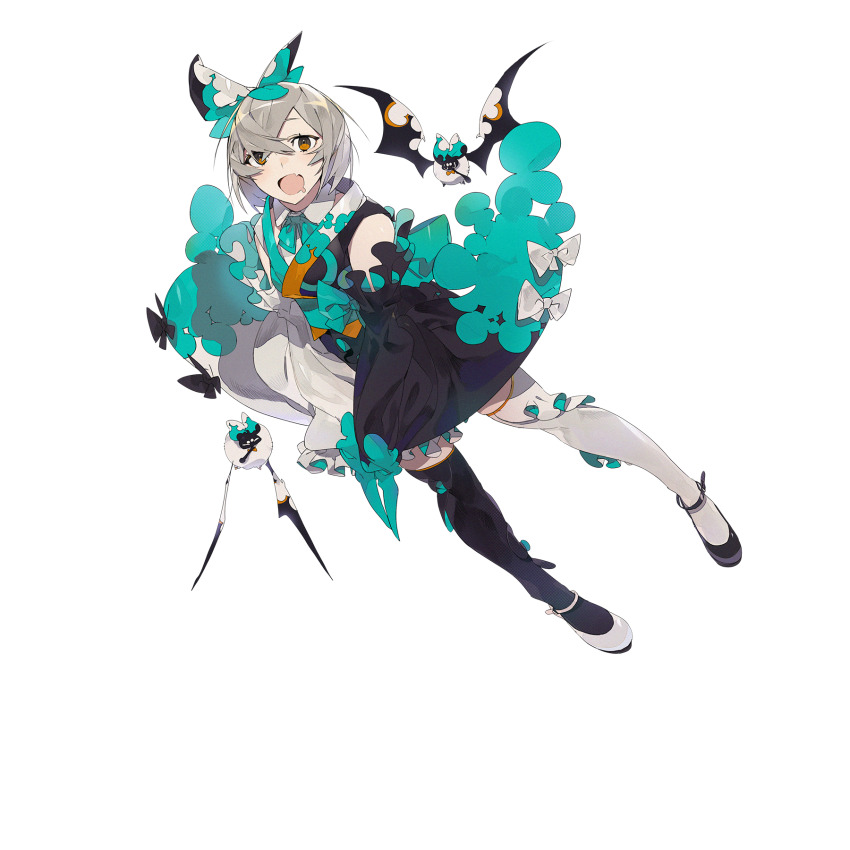 :o, aqua_bow, aqua_bowtie, arcaea, asymmetrical_footwear, asymmetrical_legwear, ayu_(arcaea), bat_(animal)