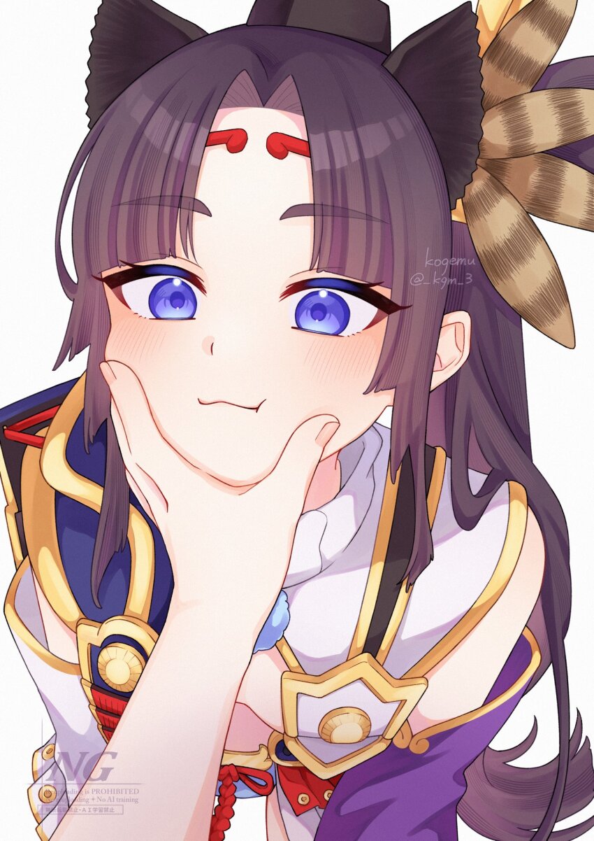 1girl, armor, black_hair, blue_eyes, blush, closed_mouth, fate/grand_order, fate_(series), hair_ornament, highres, japanese_armor, kogemu_(kgm_3), light_smile, long_hair, looking_at_viewer, pov, shoulder_armor, signature, sode, squeezing_cheeks, twitter_username, ushiwakamaru_(fate), ushiwakamaru_(second_ascension)_(fate), watermark