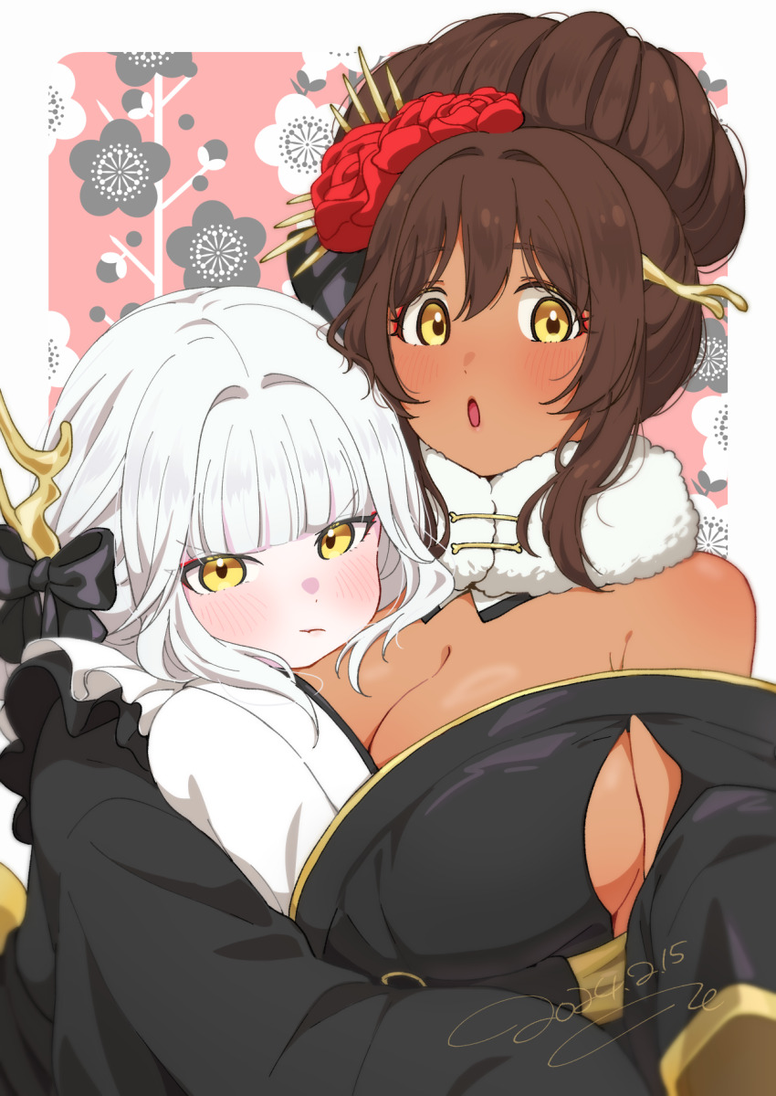 2girls, 777_(nikke), animal_ears, black_bow, black_kimono, blanc_(nikke), blanc_(white_rabbit)_(nikke), blunt_bangs