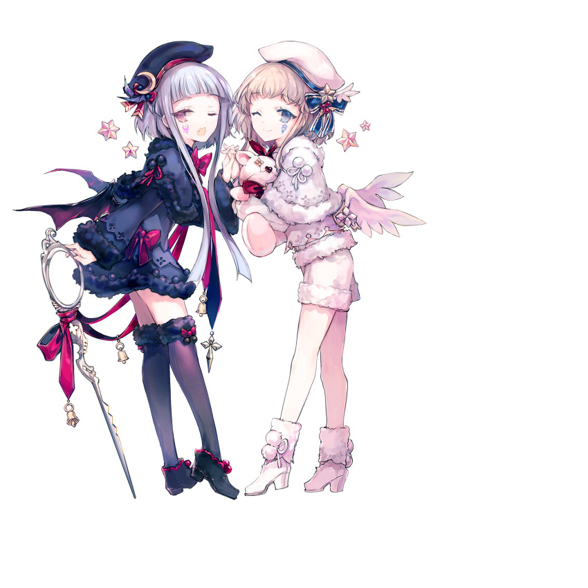 2girls, :d, arcaea, beret, black_capelet, black_coat, black_dress, black_hat, black_shoes, black_wings, blonde_hair, blue_eyes, capelet, christmas, cierra_(ra-bit), closed_mouth, coat, crescent, dress, eto_(arcaea), eto_(winter)_(arcaea), frilled_thighhighs, frills, hat, hat_ornament, high_heels, highres, holding, holding_hands, holding_scissors, hugging_doll, hugging_object, interlocked_fingers, long_sleeves, looking_at_viewer, luna_(arcaea), luna_(winter)_(arcaea), moon_(symbol), multiple_girls, non-web_source, one_eye_closed, open_mouth, pantyhose, purple_eyes, purple_hair, purple_pantyhose, scissors, shoes, shorts, siblings, smile, standing, star_(symbol), stuffed_animal, stuffed_toy, thighhighs, twins, white_capelet, white_coat, white_shoes, white_shorts, white_wings, wings, zettai_ryouiki