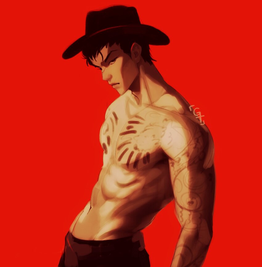 1boy, abs, arm_tattoo, black_hair, black_pants, chest_tattoo, cowboy_hat, ghost_ttownz, hat, highres, kim_gimyung, lookism, male_focus, muscular, muscular_male, pants, pectorals, red_background, short_hair, shoulder_tattoo, simple_background, solo, tattoo, topless_male