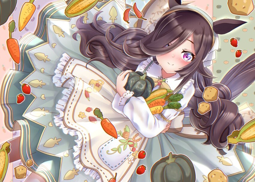 1girl, alternate_costume, animal_ears, apron, brown_hair, carrot, dress, flower