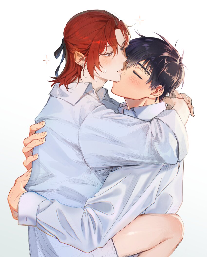 2boys, absurdres, black_hair, blush, bottomless, brown_eyes, cale_henituse, choi_han
