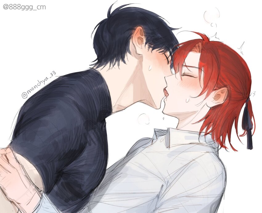 2boys, black_hair, black_shirt, blush, cale_henituse, choi_han, closed_eyes, collared_shirt