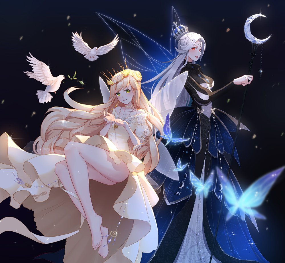 1maokitty, 2girls, bare_arms, bare_legs, bare_shoulders, barefoot, bead_choker, beads, bird, black_background, black_dress, blonde_hair, blue_butterfly, blue_crown, blue_dress, blue_wings, blunt_bangs, braid, braided_bun, breasts, bug, butterfly, chinese_commentary, choker, circlet, closed_mouth, collarbone, commentary_request, crescent, cross_hat_ornament, crown, dot_nose, dove, dress, fairy, fairy_wings, feet, flower, forehead, frilled_sleeves, frills, full_body, gown, green_eyes, grey_hair, hair_bun, happy, head_wreath, holding, holding_staff, insect, leaf, light_blush, long_dress, long_hair, long_sleeves, medallion, medium_breasts, mini_crown, miracle_nikki, multicolored_dress, multiple_girls, nikki_(series), off-shoulder_dress, off_shoulder, open_mouth, petals, princess_dawn_(miracle_nikki), puffy_short_sleeves, puffy_sleeves, queen_night_(miracle_nikki), red_eyes, short_sleeves, simple_background, single_side_bun, sitting, smile, staff, standing, teeth, toes, transparent_wings, turtleneck, turtleneck_dress, upper_teeth_only, very_long_hair, white_choker, white_dress, white_wings, wings, yellow_flower