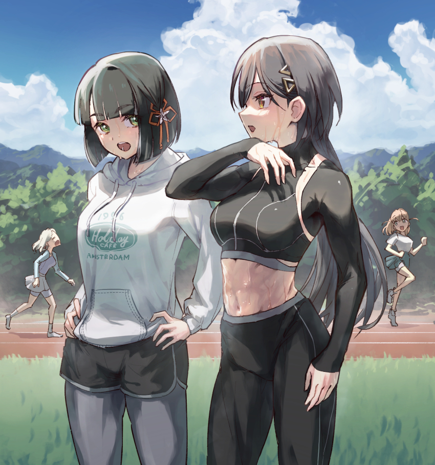 4girls, abs, black_hair, black_pants, black_shirt, black_shorts, blonde_hair, blue_skirt, blue_sky, ceras_yanagida_lilienfeld, ceras_yanagida_lilienfeld_(summer_training_wear), cerise_bouquet, cloud, commentary, crop_top, edel_note, grass, grey_pantyhose, hair_ornament, hair_ribbon, hands_on_own_hips, highres, hinoshita_kaho, hinoshita_kaho_(summer_training_wear), hood, hoodie, katsuragi_izumi, katsuragi_izumi_(summer_training_wear), lao_ren_xing, link!_like!_love_live!, long_hair, long_sleeves, looking_at_another, looking_back, love_live!, medium_hair, momose_ginko, momose_ginko_(summer_training_wear), mountainous_horizon, multiple_girls, open_mouth, orange_hair, outdoors, pants, pantyhose, purple_shirt, red_ribbon, ribbon, running, running_track, shirt, shorts, skirt, sky, sweat, tree, virtual_youtuber, white_hoodie, white_shirt, white_skirt
