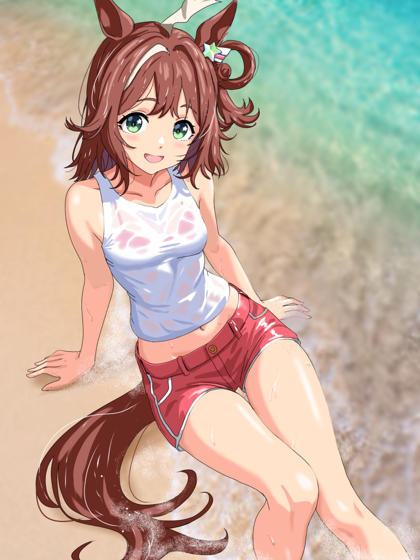 1girl, animal_ears, bikini, bikini_under_clothes, blush, breasts, brown_hair, green_eyes