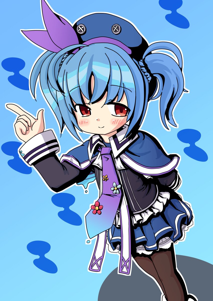 1girl, absurdres, beret, black_pantyhose, black_shirt, blue_capelet, blue_hair, blue_hat