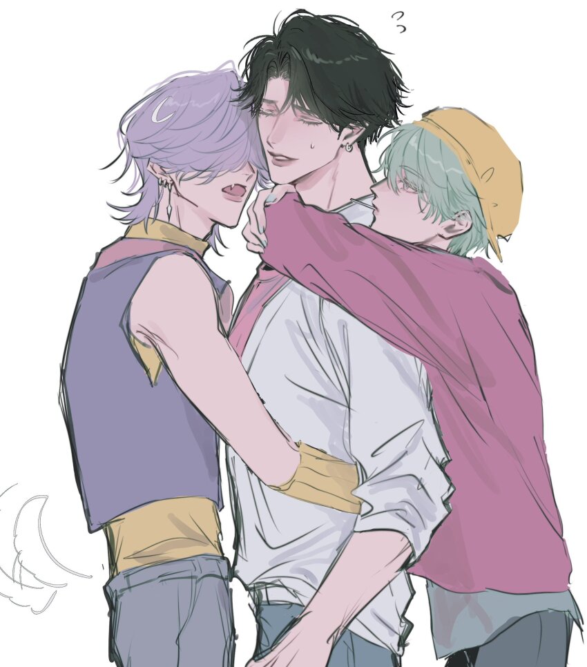 3boys, baby_(kpop_demon_hunters), closed_eyes, earrings, fang, flying_sweatdrops, hair_over_eyes, hat