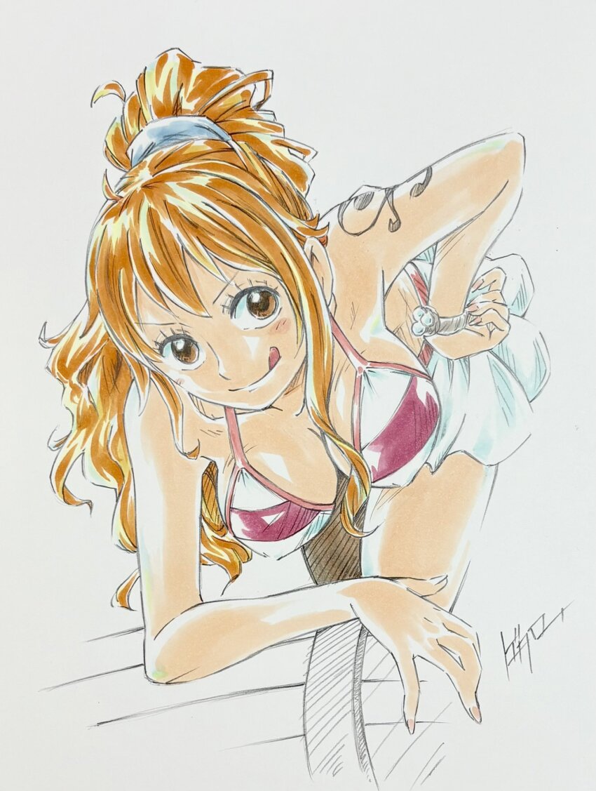 1girl, :q, @o_ro_ro_n24, bare_shoulders, blush, bracelet, breasts, brown_eyes, cleavage, closed_mouth, collarbone, commentary_request, elbow_rest, grey_background, hand_on_own_hip, high_ponytail, highres, jewelry, large_breasts, leaning_forward, log_pose, long_hair, looking_at_viewer, nami_(one_piece), one_piece, orange_hair, ponytail, shoulder_tattoo, single_sidelock, skirt, smile, solo, tattoo, tongue, tongue_out, white_skirt