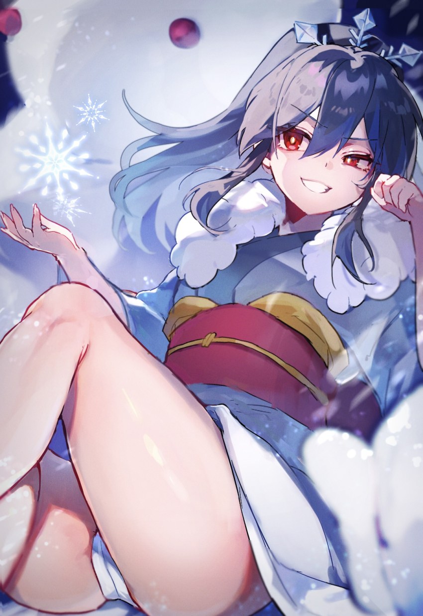 1girl, ass, bare_legs, blue_hair, feet_out_of_frame, fur_trim, goku_fubukihime, grin