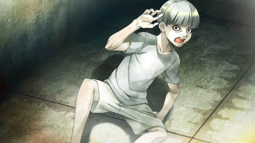 1boy, child, game_cg, hand_up, highres, kid_sagami, looking_at_viewer, occultic;nine, official_art, open_mouth, pako_(pakosun), pale_skin, scared, science_adventure, screaming, shirt, short_hair, shorts, solo, t-shirt, teeth, tongue, white_hair, white_shirt, white_shorts