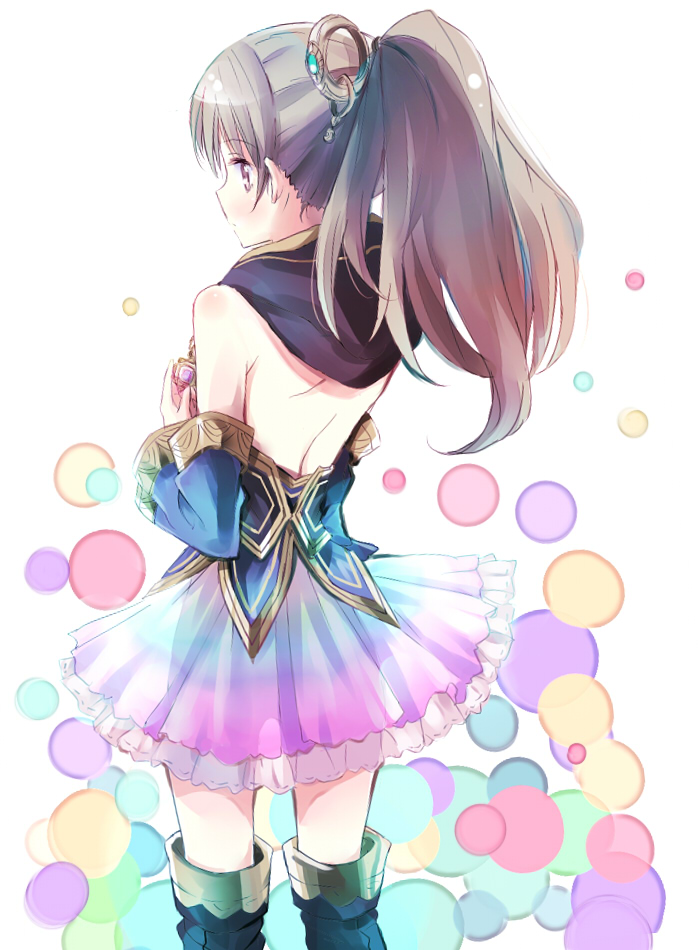 1girl, alternate_hairstyle, atelier_(series), atelier_meruru, atelier_totori, back, backless_dress, backless_outfit, bare_back, blonde_hair, boots, brown_hair, capelet, cosplay, detached_sleeves, dress, female_focus, hair_ornament, maromi_(am97), mimi_houllier_von_schwarzlang_(cosplay), multicolored_background, multicolored_skirt, pink_dress, pink_skirt, polka_dot, polka_dot_background, ponytail, skirt, solo, strapless, strapless_dress, thigh_boots, thighhighs, totooria_helmold, zettai_ryouiki