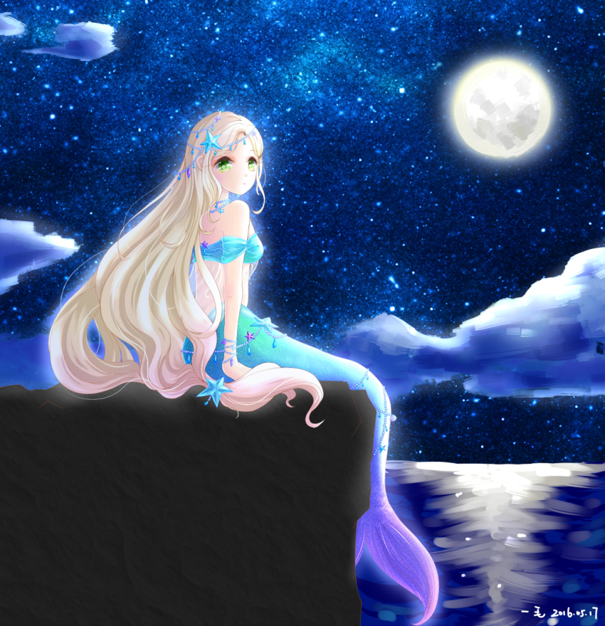 1maokitty, :o, aqua_tail, bare_shoulders, bead_bracelet, bead_necklace, beads, blonde_hair