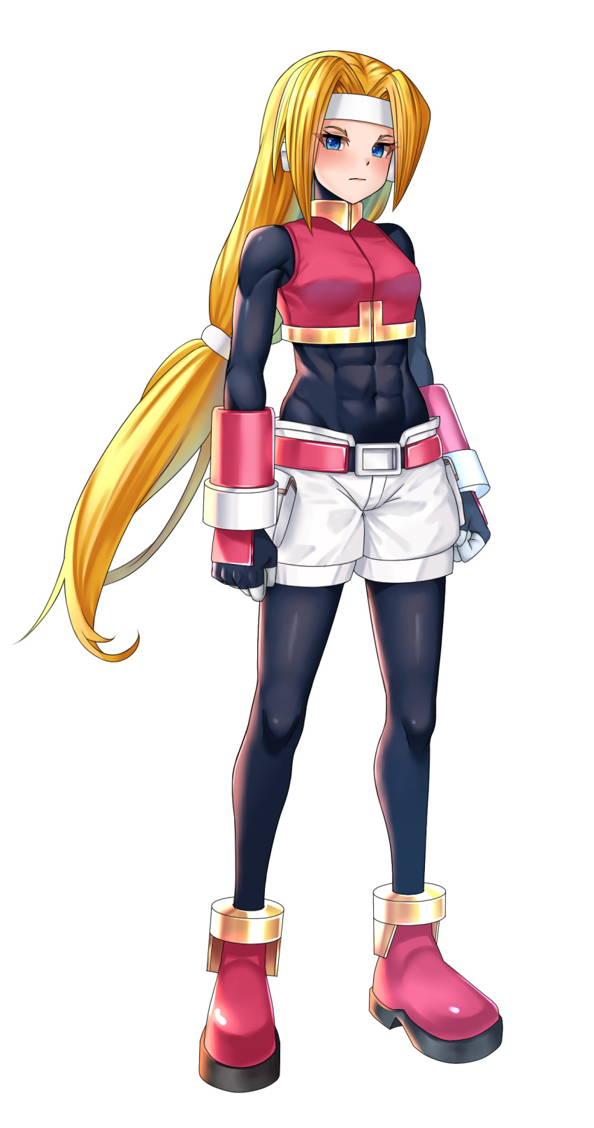 1girl, abs, belt, blonde_hair, blue_eyes, bodystocking, boots, breasts