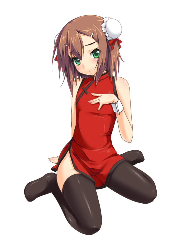 1boy, arm_support, baka_to_test_to_shoukanjuu, bare_shoulders, black_thighhighs, brown_hair, china_dress, chinese_clothes