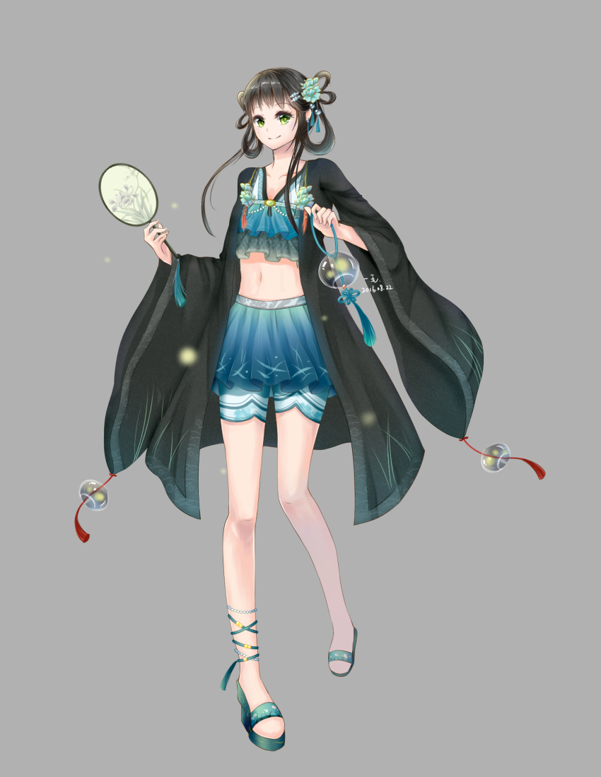 1girl, 1maokitty, ankle_ribbon, aqua_flower, aqua_ribbon, aqua_sandals, black_hair, black_robe, blue_shirt, blue_shorts, blue_skirt, breasts, carnation, character_request, cleavage, closed_mouth, collarbone, crop_top, dot_nose, eyelashes, fireflies, flower, frilled_shirt_collar, frills, full_body, green_eyes, grey_background, hair_flower, hair_ornament, hair_rings, hand_fan, high_heel_sandals, high_heels, highres, holding, holding_fan, holding_wind_chime, leg_ribbon, long_sidelocks, long_sleeves, looking_at_viewer, midriff, miniskirt, navel, nikki_(series), nikki_up2u2:_world_traveller, pleated_skirt, ribbon, robe, sandals, shirt, short_hair_with_long_locks, shorts, shorts_under_skirt, sidelocks, simple_background, skirt, smile, solo, standing, stiletto_heels, tassel, tassel_hair_ornament, tuanshan, v-neck, wide_sleeves, wind_chime
