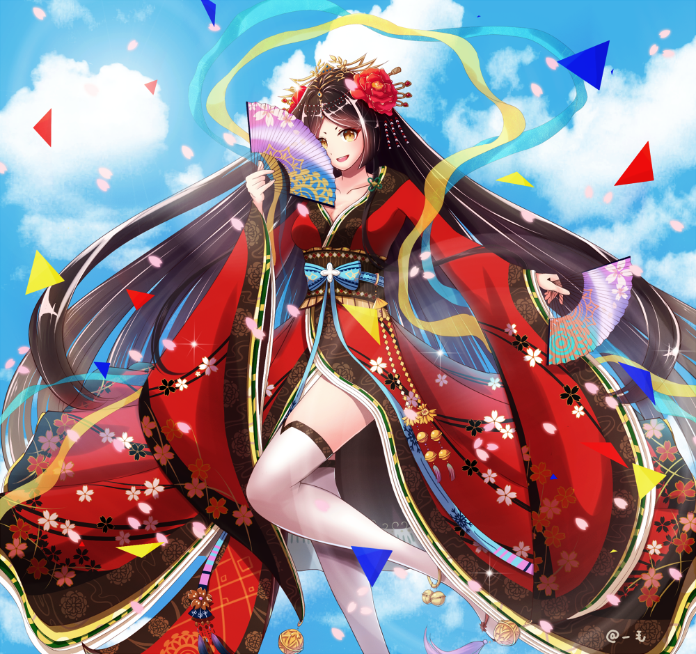 1girl, 1maokitty, bell, black_hair, blue_sky, breasts, brocade_jade_(miracle_nikki), camellia