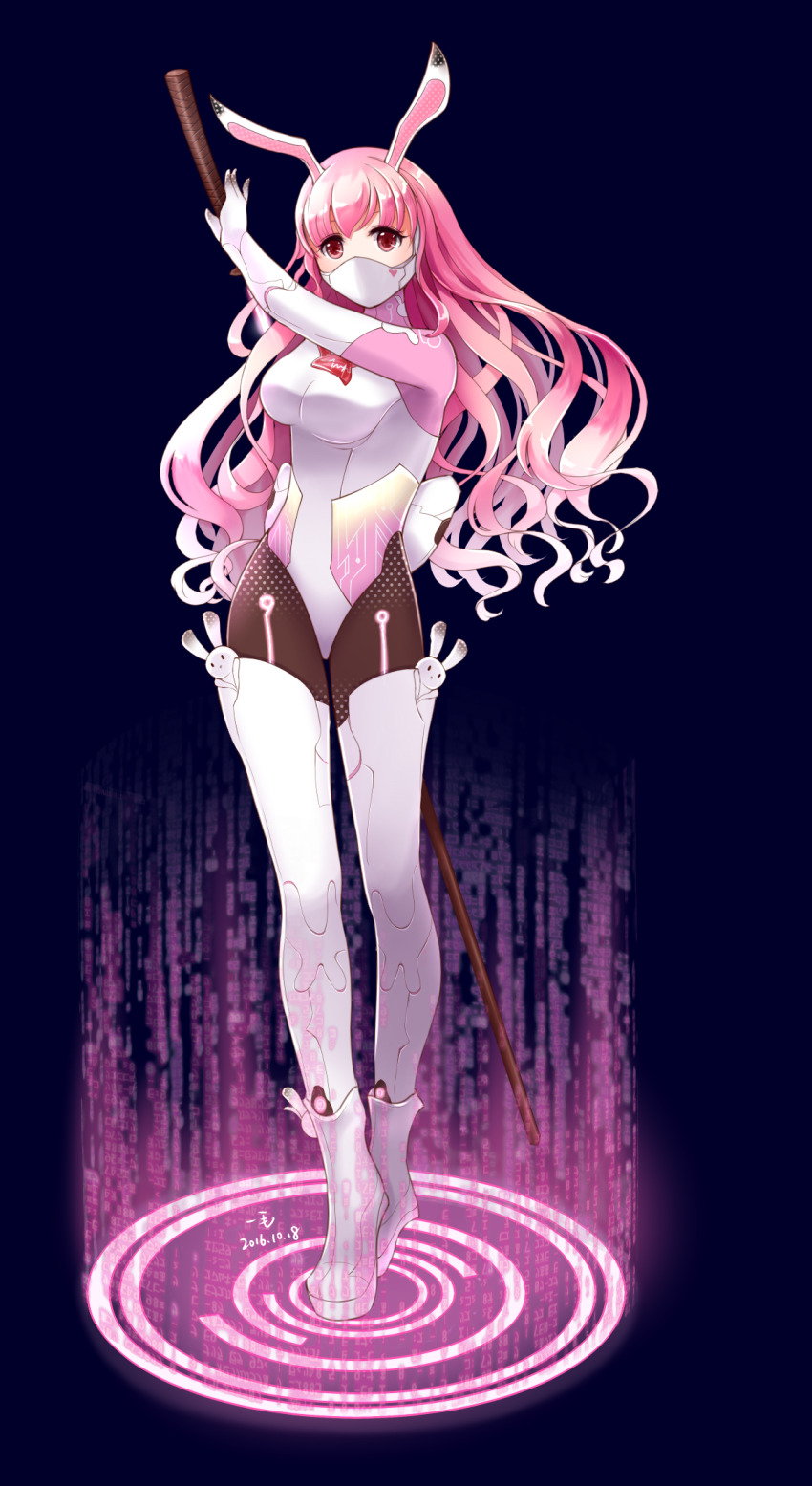 1maokitty, angelika's_dream_(miracle_nikki), animal_ears, back_bow, black_background, black_pantyhose, bodysuit, bodysuit_under_clothes, boots, bow, breasts, brown_eyes, chinese_commentary, covered_mouth, dated, eyelashes, gloves, gradient_hair, highres, holding, holding_behind_back, holding_sword, holding_weapon, holding_weapon_behind_back, large_breasts, layered_legwear, leotard, long_hair, looking_at_viewer, mask, miracle_nikki, mouth_mask, multicolored_hair, nikki_(series), pantyhose, partially_colored, pink_bodysuit, pink_hair, playboy_bunny, rabbit_ears, science_fiction, signature, simple_background, sword, tareme, thighhighs, tight_clothes, two-tone_hair, wavy_hair, weapon, white_boots, white_bow, white_gloves, white_leotard, white_mask, white_thighhighs