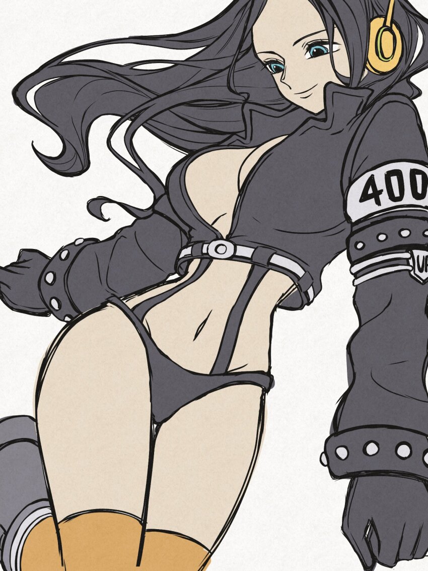 02mikan, 1girl, black_boots, black_gloves, black_hair, black_jacket, blue_eyes, boots