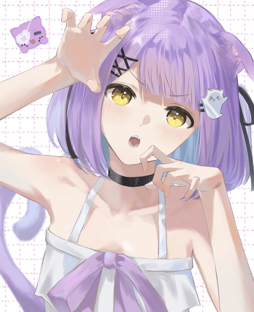 1girl, absurdres, animal_ears, bare_shoulders, black_choker, black_ribbon, cat_ears, cat_tail