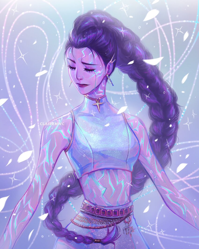 1girl, artist_name, body_markings, braid, braided_ponytail, clairemwc, closed_eyes, closed_mouth