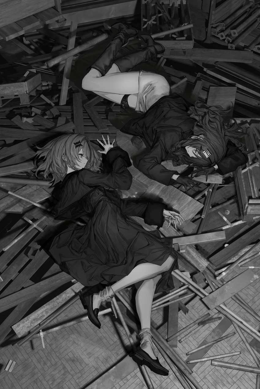 2girls, absurdres, black_dress, black_eyes, black_hair, black_jacket, cirsium_(lavender_quartz), commentary_request