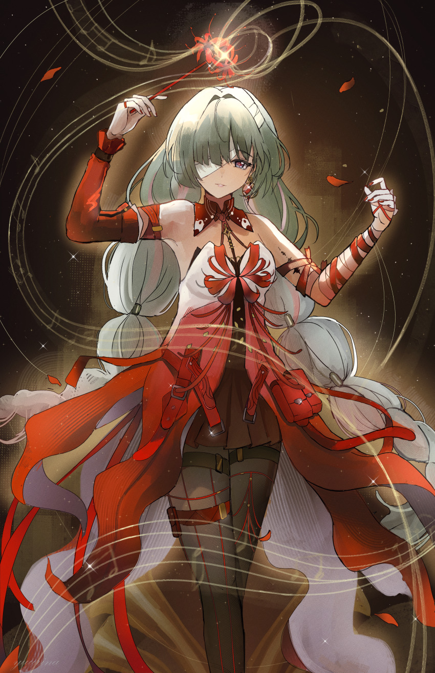 1girl, absurdres, bandage_over_one_eye, bandaged_arm, bandages, bare_shoulders, black_pantyhose, braid