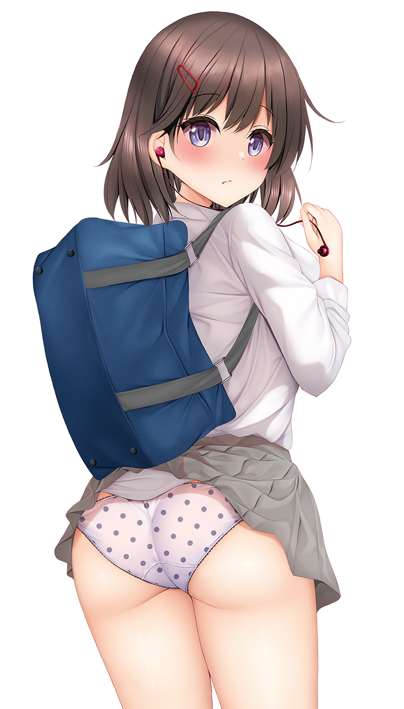 1girl, accidental_exposure, ass, bag, blue_bag, blush, brown_hair, closed_mouth, clothes_lift, clueless, commentary_request, cowboy_shot, crotch_seam, double-parted_bangs, earbuds, earphones, from_behind, grey_skirt, hair_ornament, hairclip, highres, long_sleeves, looking_at_viewer, looking_back, medium_hair, minato_ojitan, miniskirt, original, panties, picot_trim_panties, pleated_skirt, polka_dot, polka_dot_panties, purple_eyes, removing_earbuds, school_bag, school_uniform, shirt, shirt_tucked_in, simple_background, skirt, skirt_lift, solo, split_mouth, standing, turning_head, underwear, white_background, white_panties, white_shirt