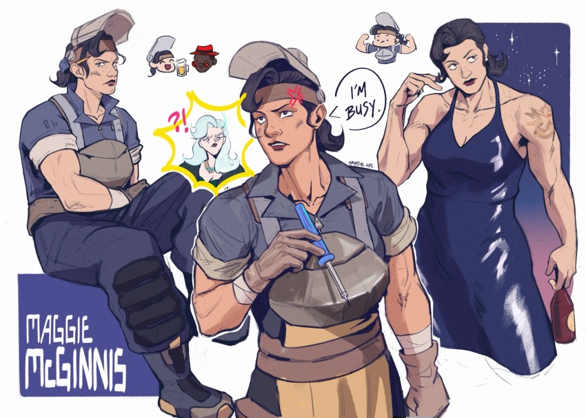 1boy, 2girls, alcohol, anger_vein, armor, artist_name, beer, blush, bottle, breasts, chibi, cleavage, clenched_hand, dark_skin, deadlock_(game), dirty, dirty_face, dress, flexing, grey_hair, headband, highres, holding, holding_bottle, infernus_(deadlock), jewelry, lady_geist_(deadlock), lipstick, maggie_mcginnis, makeup, matlab_exe, multiple_girls, multiple_views, muscular, muscular_female, necklace, short_sleeves, sitting, soldering_iron, welding_mask