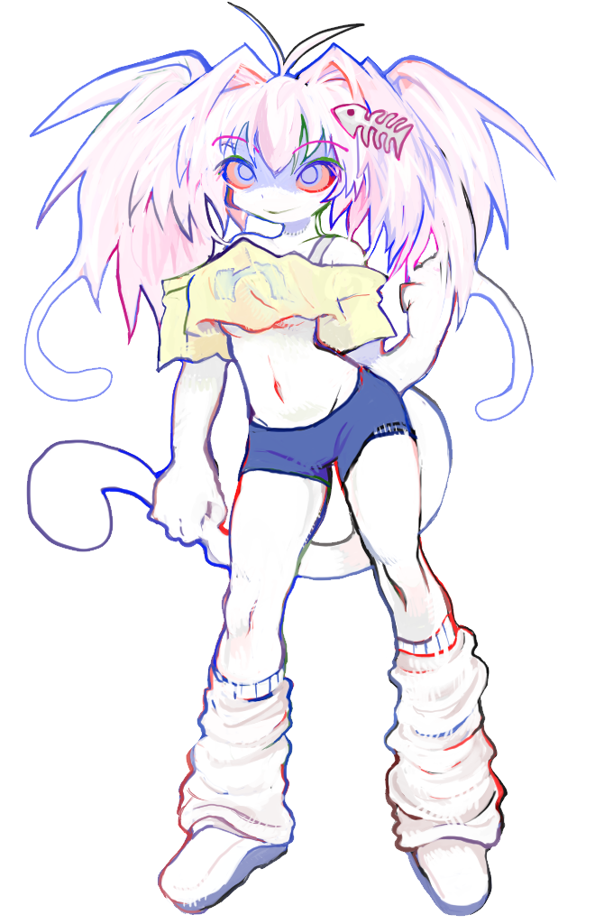 1girl, 8eyes, bloodshot_eyes, blue_shorts, breasts, colored_skin, cropped_shirt, fish_skeleton