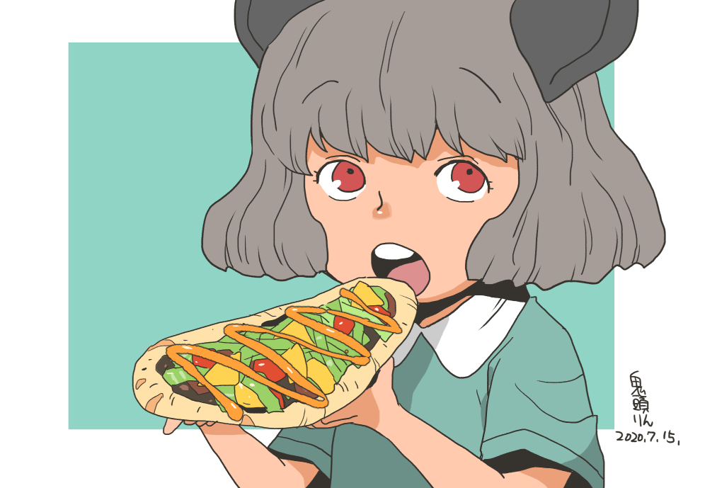 1girl, animal_ears, blue_background, blue_shirt, collared_shirt, commentary_request, dated, eating