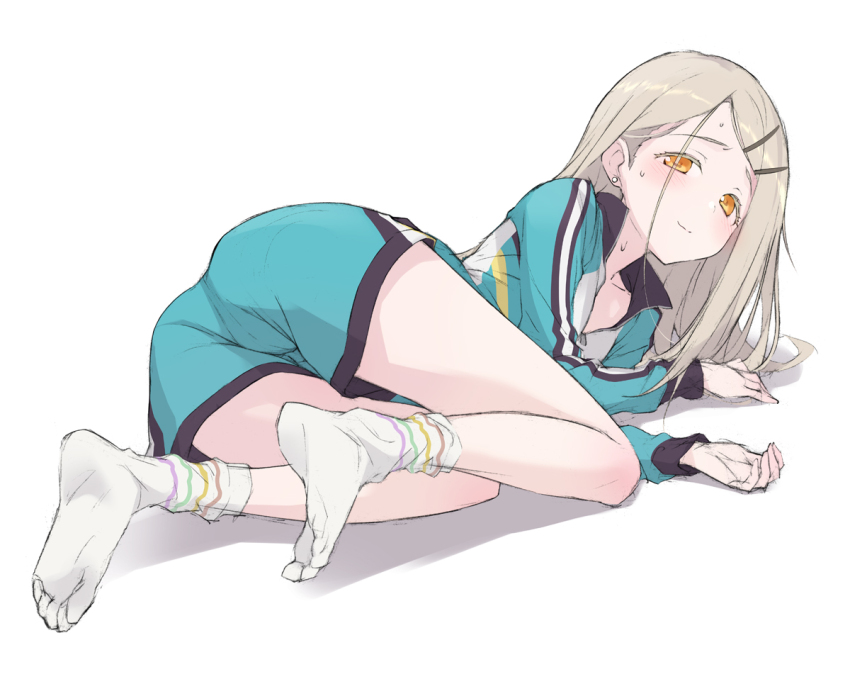 1girl, aqua_track_suit, ass, blonde_hair, blush, closed_mouth, collarbone, colored_eyelashes