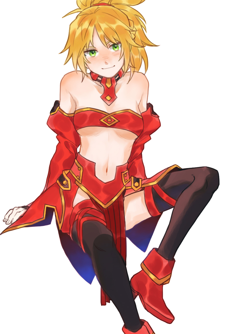 1girl, bandeau, bare_shoulders, black_thighhighs, blonde_hair, breasts, detached_collar, detached_sleeves, fate/apocrypha, fate/grand_order, fate_(series), head_tilt, highres, invisible_chair, kat_0617, long_hair, looking_at_viewer, mordred_(fate), mordred_(fate/apocrypha), mordred_(third_ascension)_(fate), navel, pelvic_curtain, ponytail, red_bandeau, red_shoes, shoes, simple_background, sitting, small_breasts, smile, solo, stomach, thighhighs, white_background