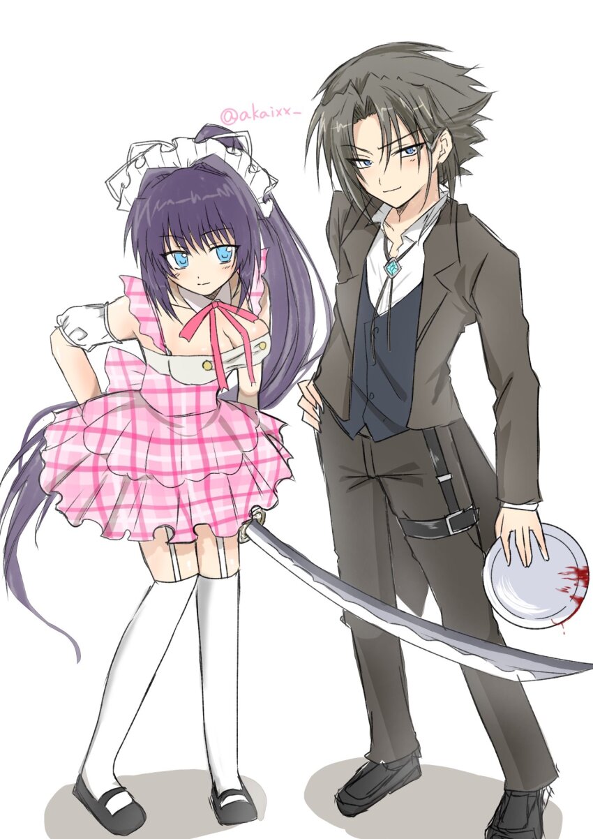 akaixx, apron, blue_eyes, butler, highres, holding, holding_sword, holding_weapon