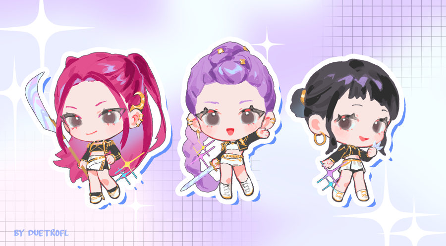 3girls, black_hair, boots, braid, braided_ponytail, brown_eyes, chibi, commentary