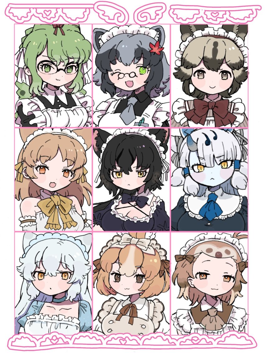 010mzam, 6+girls, african_wild_dog_(kemono_friends), alternate_costume, animal_ears, apron, arctic_fox_(kemono_friends), bare_shoulders, black_dress, black_hair, black_serval_(kemono_friends), blonde_hair, blue_choker, blue_dress, blue_neckerchief, blue_skin, blush, bow, bowtie, braid, brown_bow, brown_bowtie, brown_dress, brown_eyes, cat_ears, cat_girl, choker, collar, collared_dress, colored_skin, danzaburou-danuki_(kemono_friends), detached_sleeves, dog_ears, dog_girl, domestic_rabbit_(kemono_friends), dress, enmaided, extra_ears, fox_ears, fox_girl, frilled_apron, frilled_collar, frills, ginkaku_(kemono_friends), glasses, green_eyes, green_hair, grey_dress, grey_hair, grey_necktie, hair_between_eyes, hair_bow, hair_ornament, hair_tubes, head_bow, highres, horns, kemono_friends, leaf_hair_ornament, linnaeus's_two-toed_sloth_(kemono_friends), long_hair, maid, maid_apron, maid_headdress, multicolored_hair, multiple_girls, neckerchief, necktie, one_eye_closed, open_mouth, orange_eyes, pale_fox_(kemono_friends), puffy_sleeves, quad_tails, rabbit_ears, rabbit_girl, raccoon_ears, raccoon_girl, red_bow, reptile_girl, short_hair, short_twintails, sidelocks, single_horn, smile, spectacled_caiman_(kemono_friends), twin_braids, twintails, two-tone_hair, white_bow, white_hair, yellow_bow, yellow_bowtie, yellow_eyes
