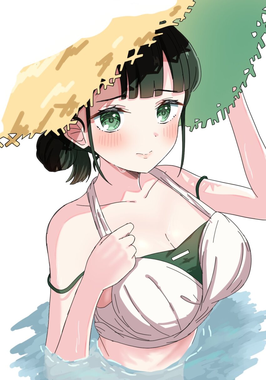 1girl, 3:, bikini, black_hair, blunt_bangs, blush, breasts, cleavage