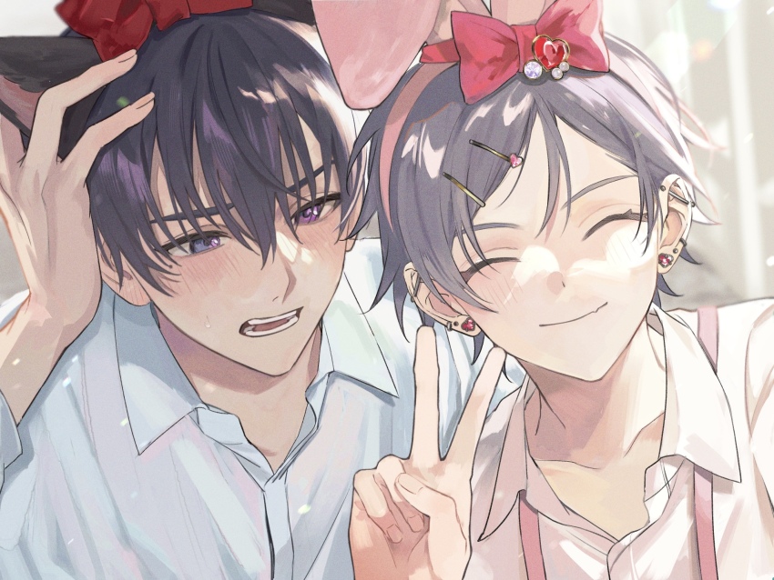2boys, animal_ear_hairband, animal_ears, barbell_piercing, black_hair, blue_shirt, blush, bow