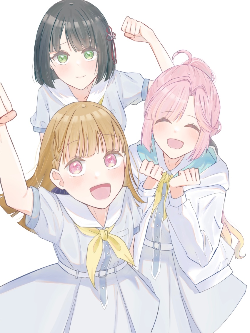 3girls, :d, ^_^, ahoge, anyoji_hime, arm_up, black_bow, black_hair