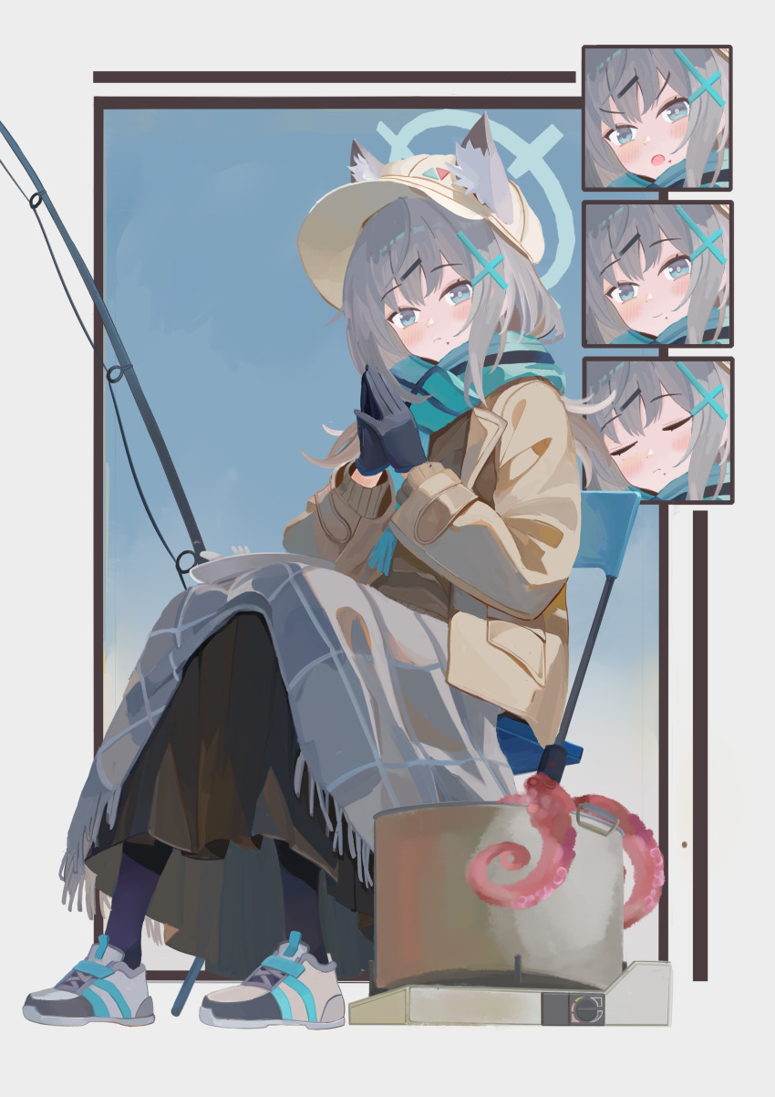 1girl, absurdres, angry, animal_ear_fluff, animal_ears, black_gloves, black_skirt, black_socks, blanket_over_legs, blue_archive, blue_eyes, blue_halo, blue_socks, blush, brown_jacket, bucket, closed_eyes, closed_mouth, cross_hair_ornament, fishing_rod, gloves, grey_hair, guanhuvu, hair_ornament, halo, hat, highres, jacket, long_hair, looking_at_viewer, mismatched_socks, multiple_expressions, octopus, open_mouth, own_hands_together, shiroko_(blue_archive), shoes, skirt, sneakers, socks, solo, tachi-e, white_shoes, wolf_ears, wolf_girl, yellow_hat