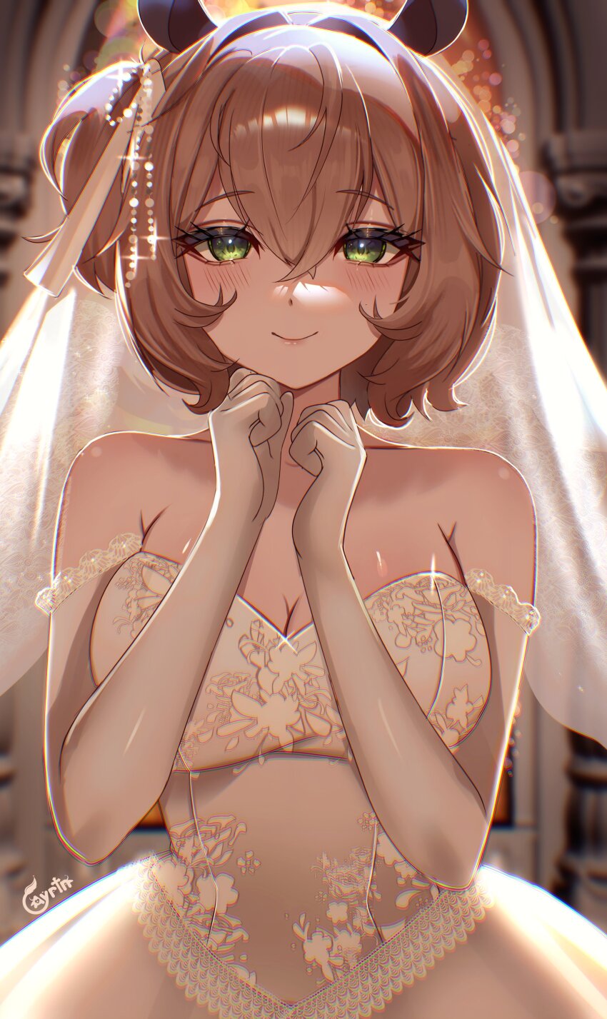 absurdres, animal_ears, ayrinsama, bride, brown_hair, church, dress, green_eyes
