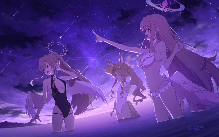3girls, bikini, black_one-piece_swimsuit, blonde_hair, blue_archive, breasts, cleavage, feathered_wings