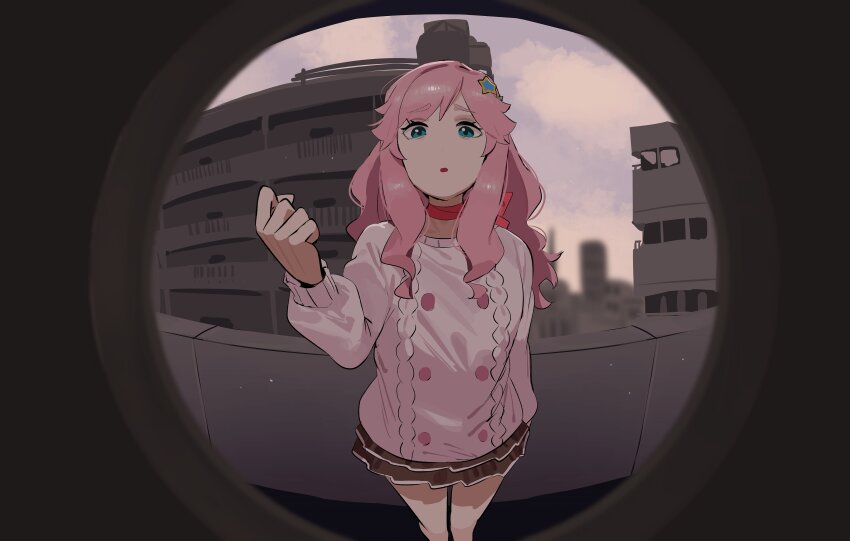 1girl, :o, absurdres, blue_eyes, brown_skirt, buttons, clenched_hand, commentary, double-breasted, frilled_skirt, frills, from_inside, hair_ornament, highres, ikizulive!_love_live!_bluebird, kanazawa_miracle, light_particles, long_hair, long_sleeves, looking_at_viewer, love_live!, miniskirt, monitoring_(vocaloid), neckerchief, okpriko, parody, pink_hair, pov_peephole, red_neckerchief, sidelocks, skirt, solo, standing, star_(symbol), star_hair_ornament, sweater, white_sweater