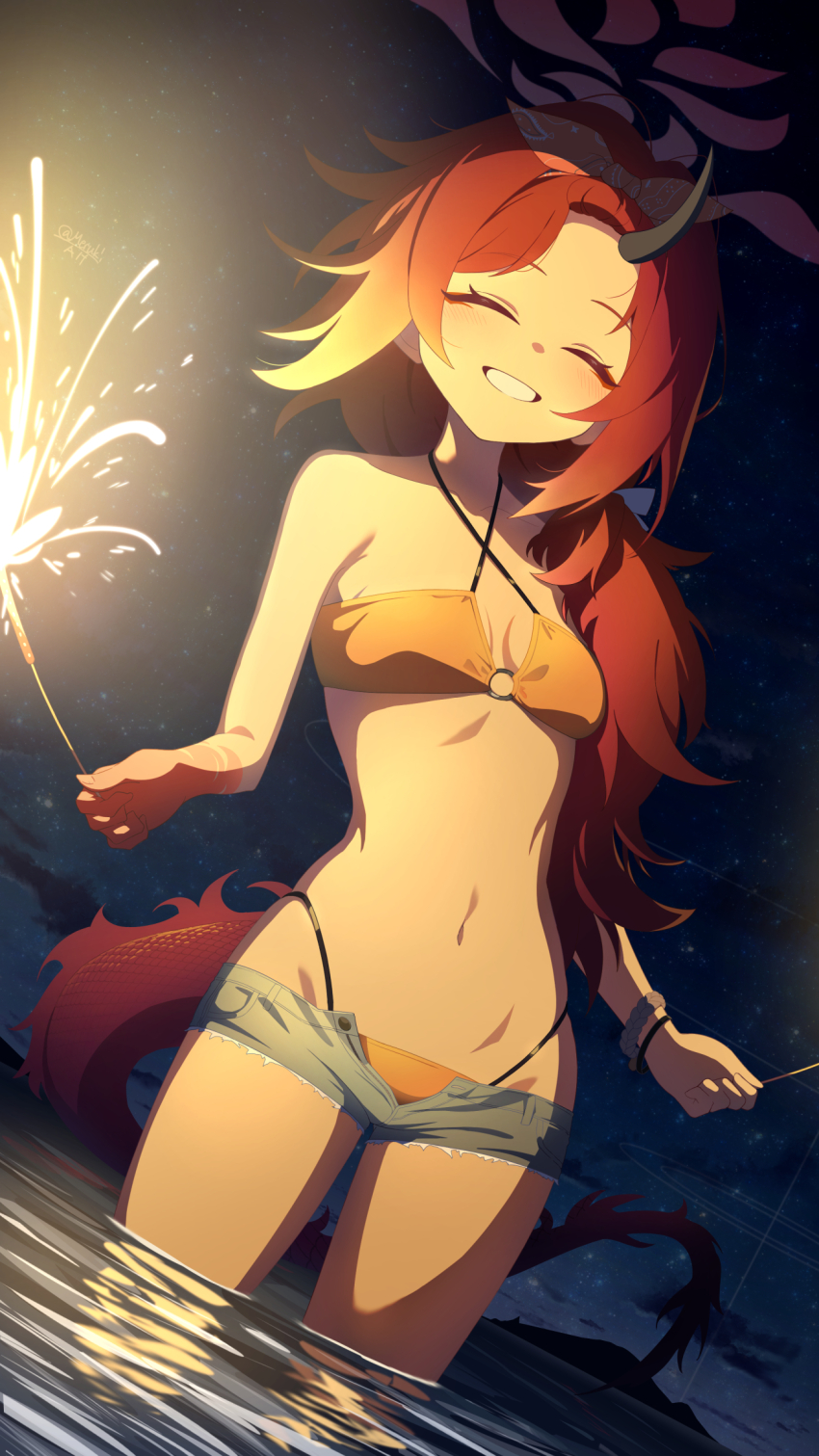 1girl, bangs_pinned_back, bikini, blue_archive, blush, breasts, closed_eyes, denim, denim_shorts, dragon_horns, dragon_tail, fluffy_hair, forehead, grin, hair_over_shoulder, hairband, halo, highres, holding, holding_fireworks, horns, long_hair, meruki, navel, night, official_alternate_costume, official_alternate_hairstyle, orange_hairband, partially_submerged, red_hair, red_halo, renge_(blue_archive), renge_(swimsuit)_(blue_archive), short_shorts, shorts, single_bare_shoulder, single_horn, sky, smile, solo, stomach, swimsuit, tail, yellow_bikini