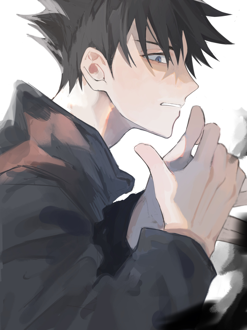 1boy, black_hair, black_jacket, blue_eyes, commentary_request, from_side, fushiguro_megumi, highres