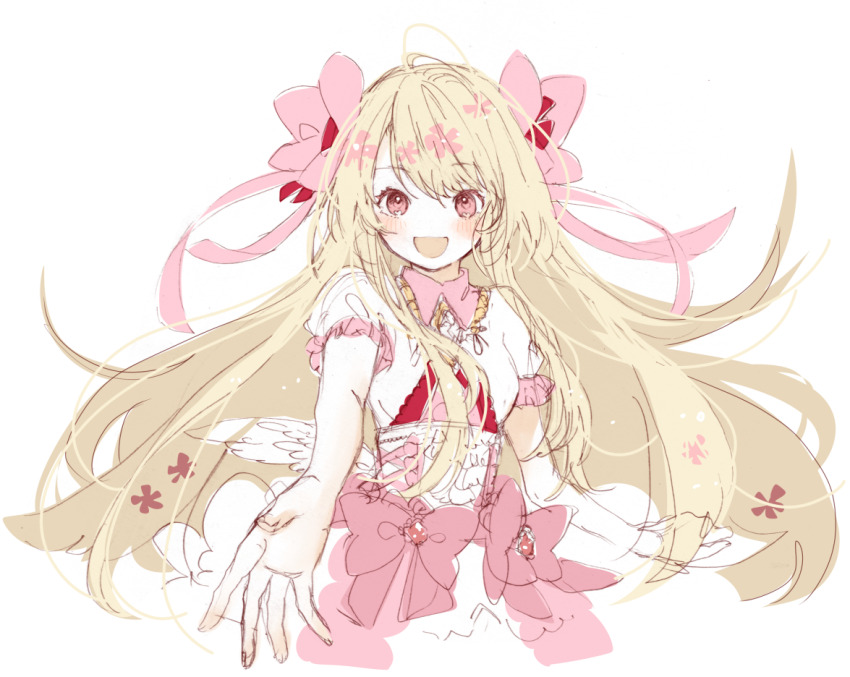 1girl, blonde_hair, chaos_marie_(grimms_notes), grimms_notes, looking_at_viewer, open_mouth, reaching, reaching_towards_viewer